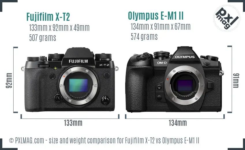 Fujifilm X-T2 vs Olympus E-M1 II size comparison