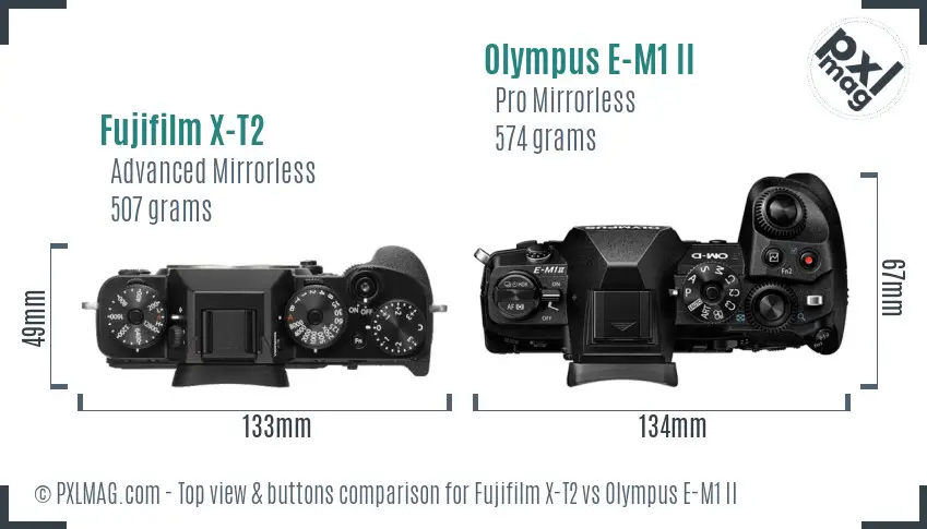 Fujifilm X-T2 vs Olympus E-M1 II top view buttons comparison