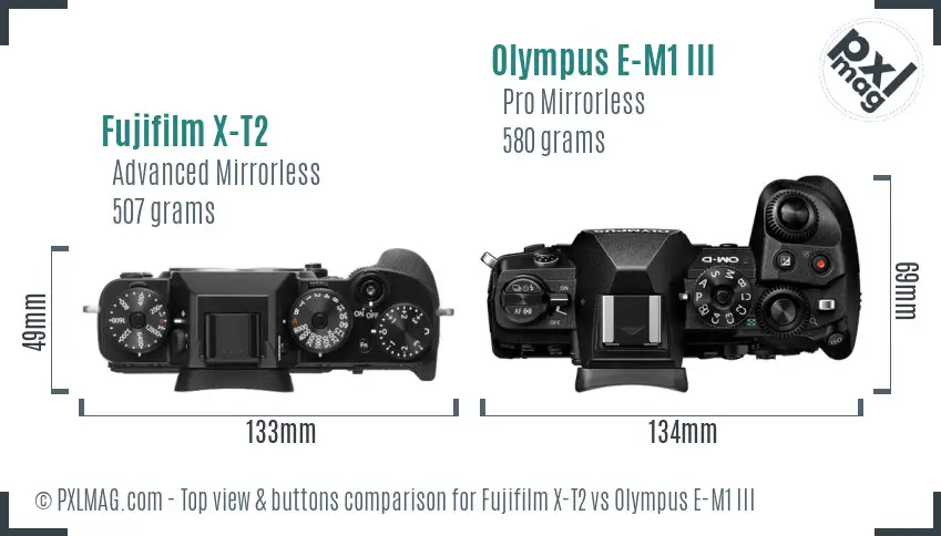 Fujifilm X-T2 vs Olympus E-M1 III top view buttons comparison
