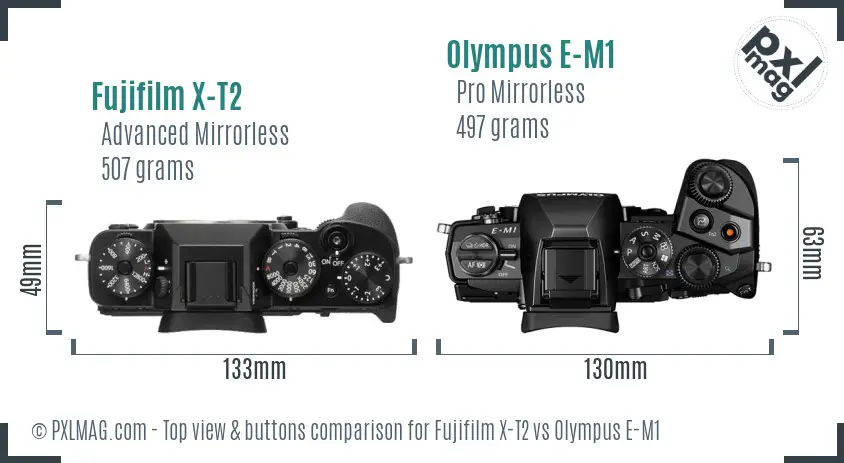 Fujifilm X-T2 vs Olympus E-M1 top view buttons comparison