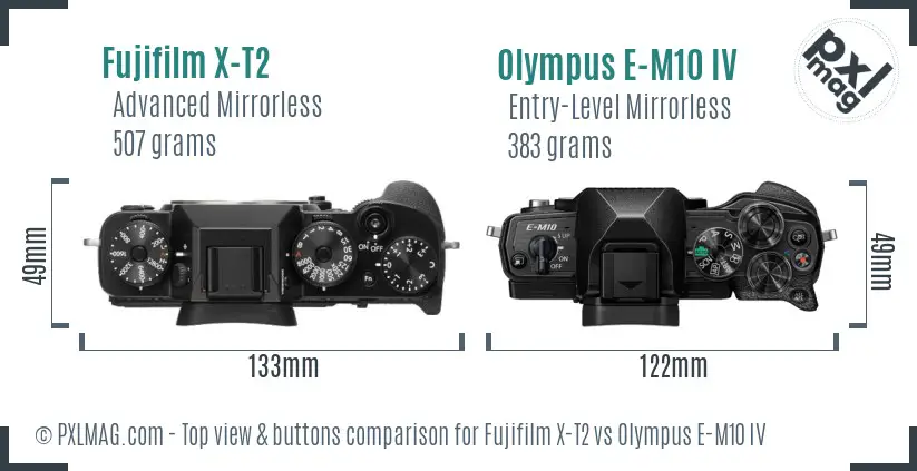 Fujifilm X-T2 vs Olympus E-M10 IV top view buttons comparison