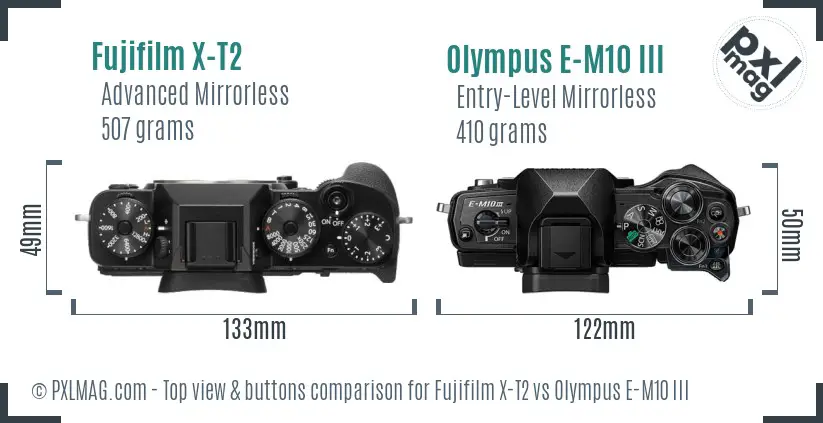 Fujifilm X-T2 vs Olympus E-M10 III top view buttons comparison