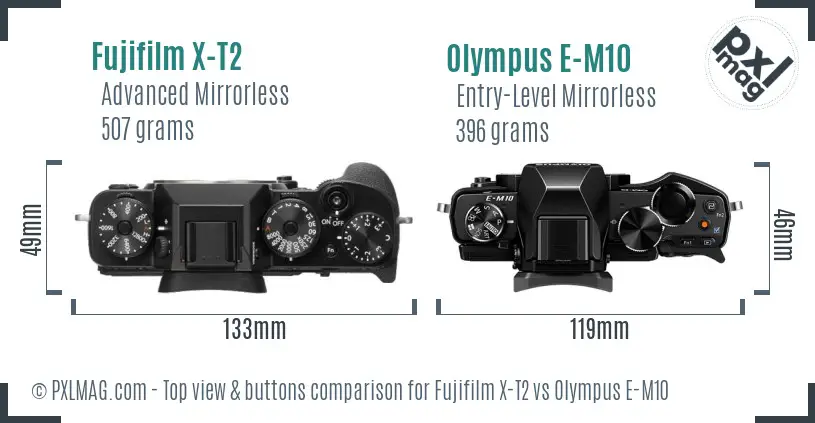 Fujifilm X-T2 vs Olympus E-M10 top view buttons comparison