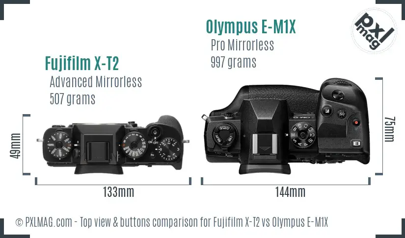 Fujifilm X-T2 vs Olympus E-M1X top view buttons comparison