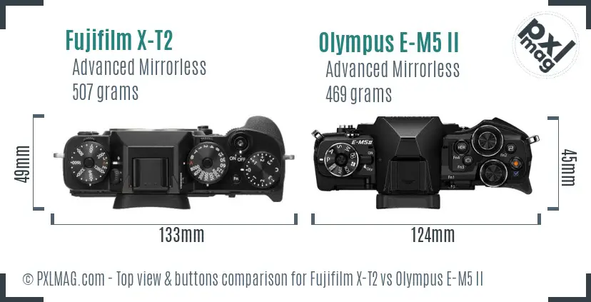 Fujifilm X-T2 vs Olympus E-M5 II top view buttons comparison
