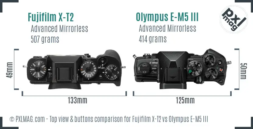 Fujifilm X-T2 vs Olympus E-M5 III top view buttons comparison