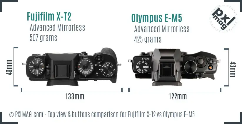 Fujifilm X-T2 vs Olympus E-M5 top view buttons comparison