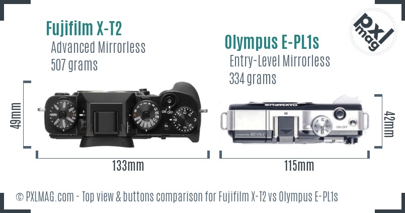 Fujifilm X-T2 vs Olympus E-PL1s top view buttons comparison