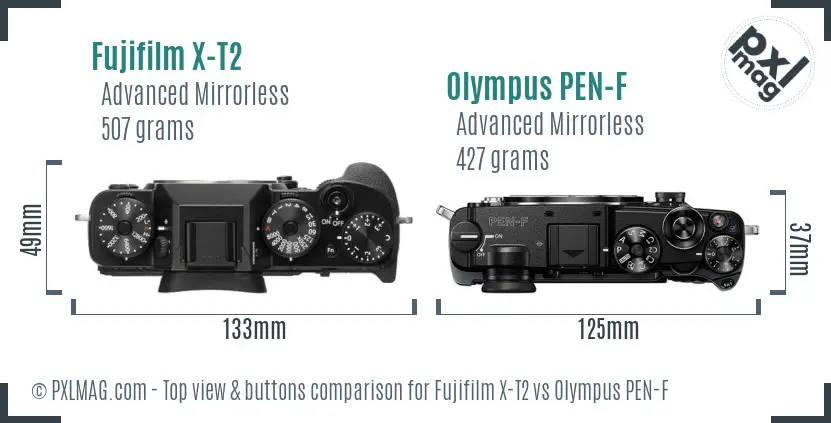 Fujifilm X-T2 vs Olympus PEN-F top view buttons comparison