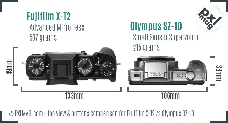 Fujifilm X-T2 vs Olympus SZ-10 top view buttons comparison