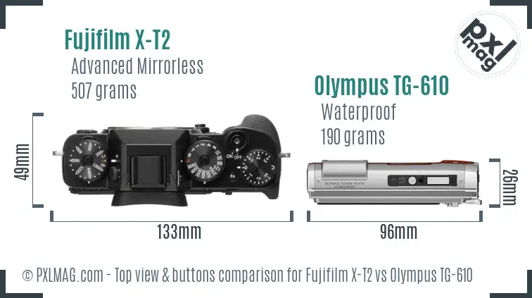 Fujifilm X-T2 vs Olympus TG-610 top view buttons comparison