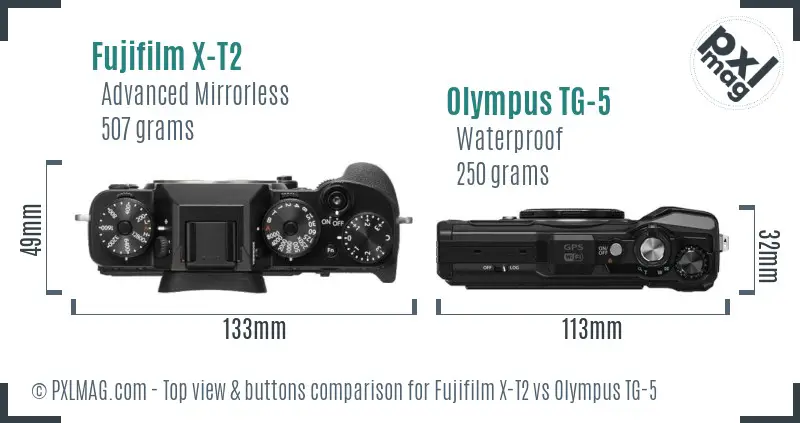 Fujifilm X-T2 vs Olympus TG-5 top view buttons comparison