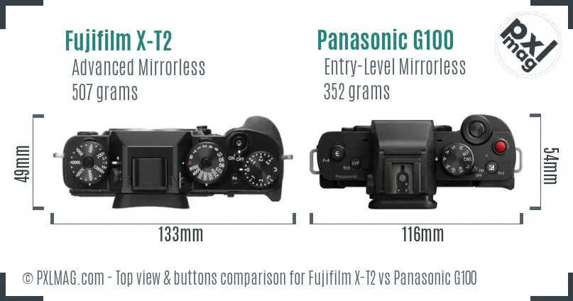 Fujifilm X-T2 vs Panasonic G100 top view buttons comparison