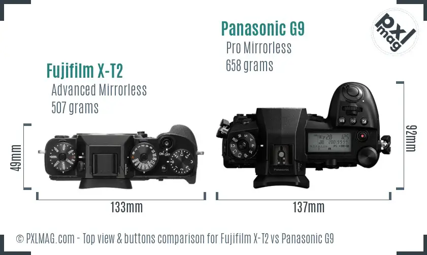 Fujifilm X-T2 vs Panasonic G9 top view buttons comparison Fujifilm X-T2 vs Panasonic G9 top view buttons comparison