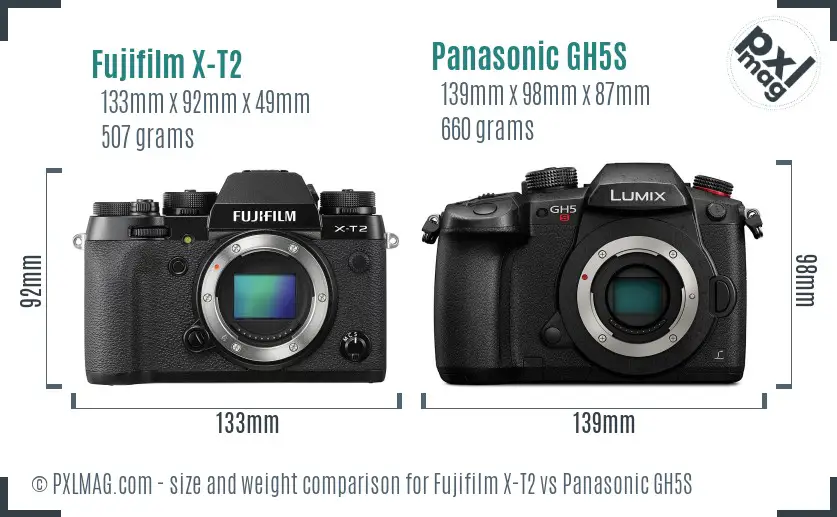 Fujifilm X-T2 vs Panasonic GH5S size comparison