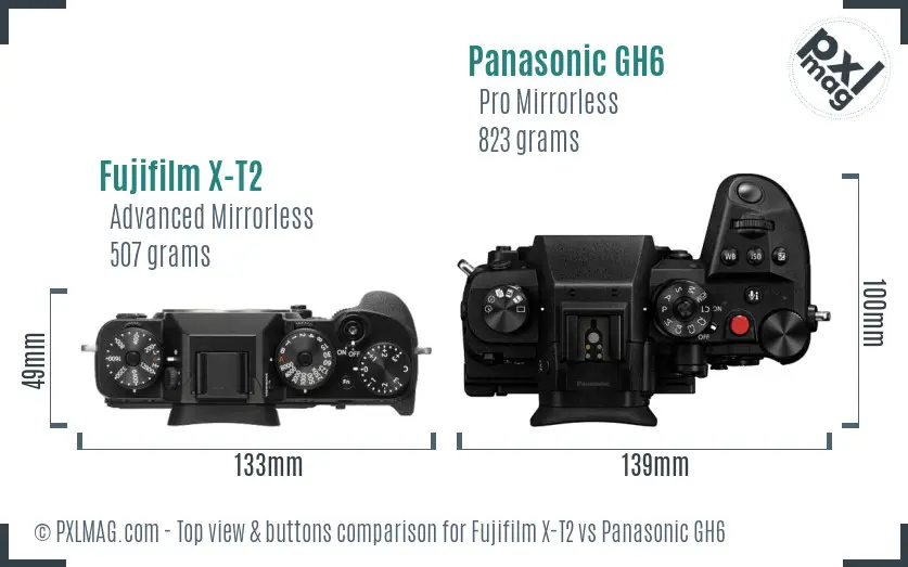 Fujifilm X-T2 vs Panasonic GH6 top view buttons comparison