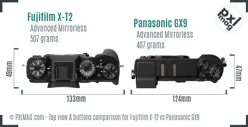 Fujifilm X-T2 vs Panasonic GX9 top view buttons comparison