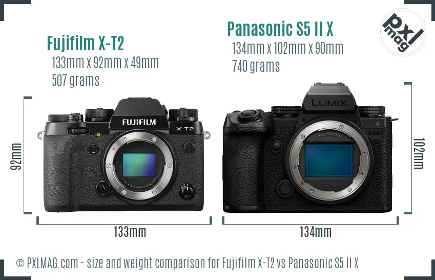 Fujifilm X-T2 vs Panasonic S5 II X size comparison