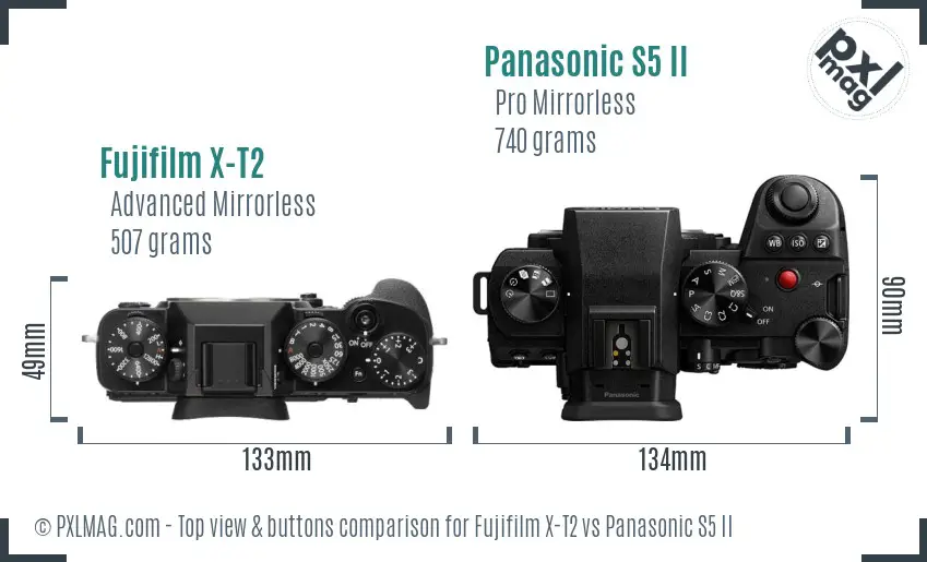 Fujifilm X-T2 vs Panasonic S5 II top view buttons comparison Fujifilm X-T2 vs Panasonic S5 II top view buttons comparison
