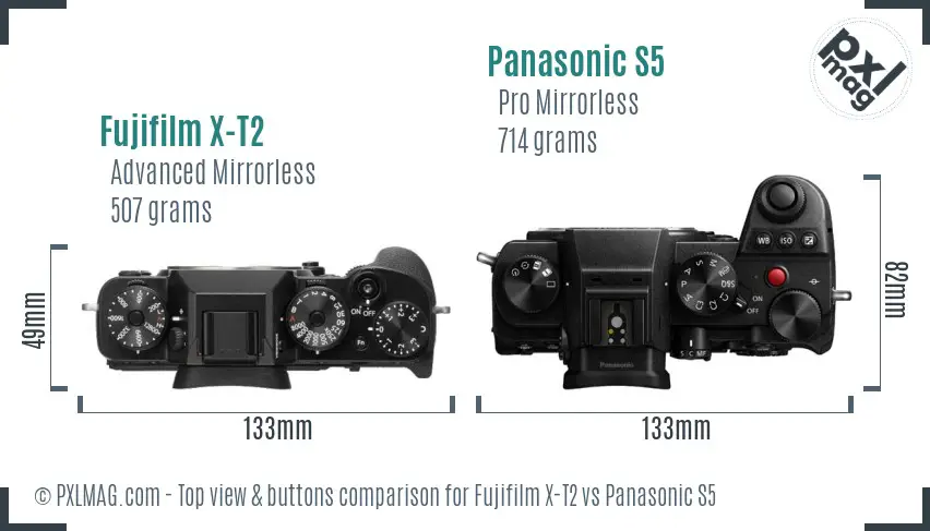 Fujifilm X-T2 vs Panasonic S5 top view buttons comparison