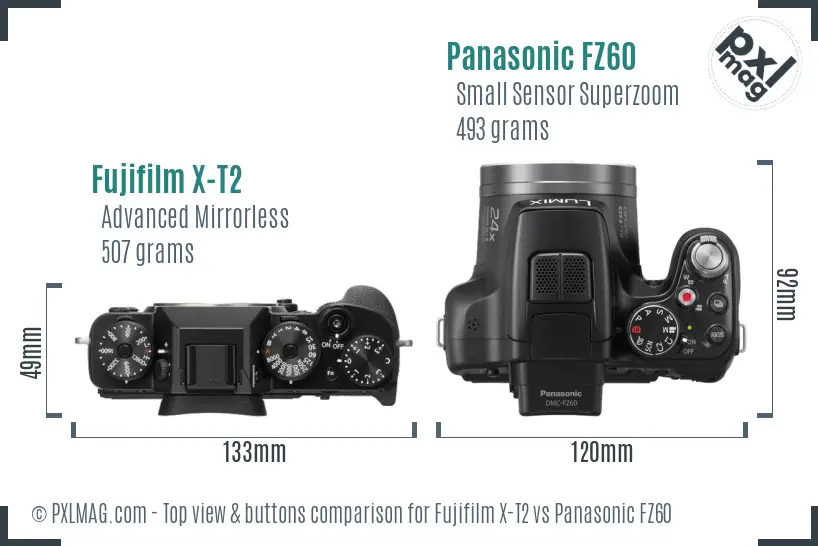Fujifilm X-T2 vs Panasonic FZ60 top view buttons comparison