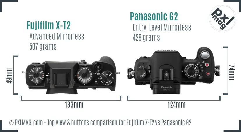 Fujifilm X-T2 vs Panasonic G2 top view buttons comparison