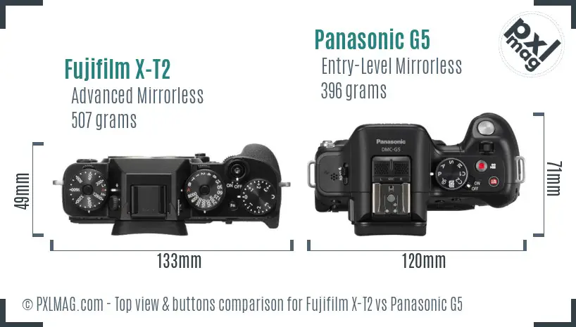 Fujifilm X-T2 vs Panasonic G5 top view buttons comparison