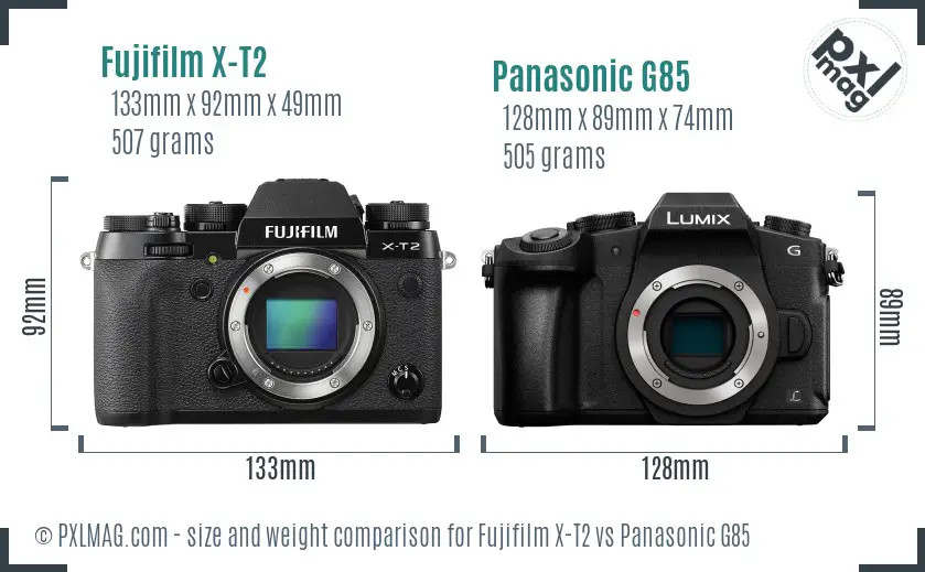 Fujifilm X-T2 vs Panasonic G85 size comparison
