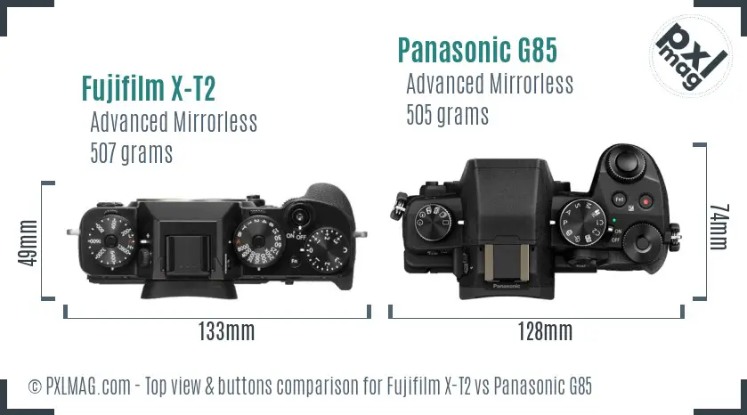 Fujifilm X-T2 vs Panasonic G85 top view buttons comparison