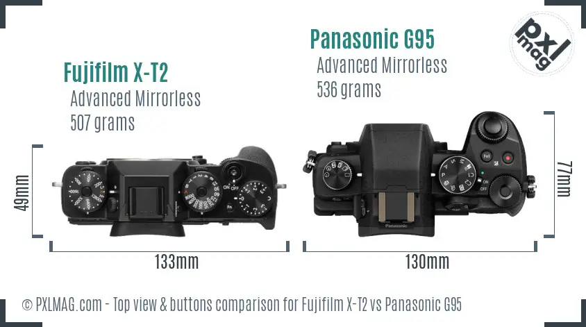 Fujifilm X-T2 vs Panasonic G95 top view buttons comparison