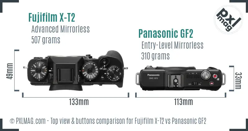 Fujifilm X-T2 vs Panasonic GF2 top view buttons comparison Fujifilm X-T2 vs Panasonic GF2 top view buttons comparison