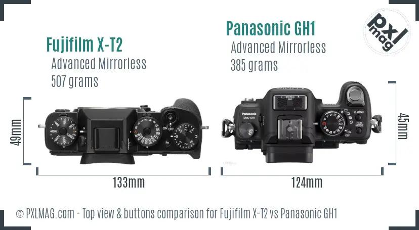 Fujifilm X-T2 vs Panasonic GH1 top view buttons comparison