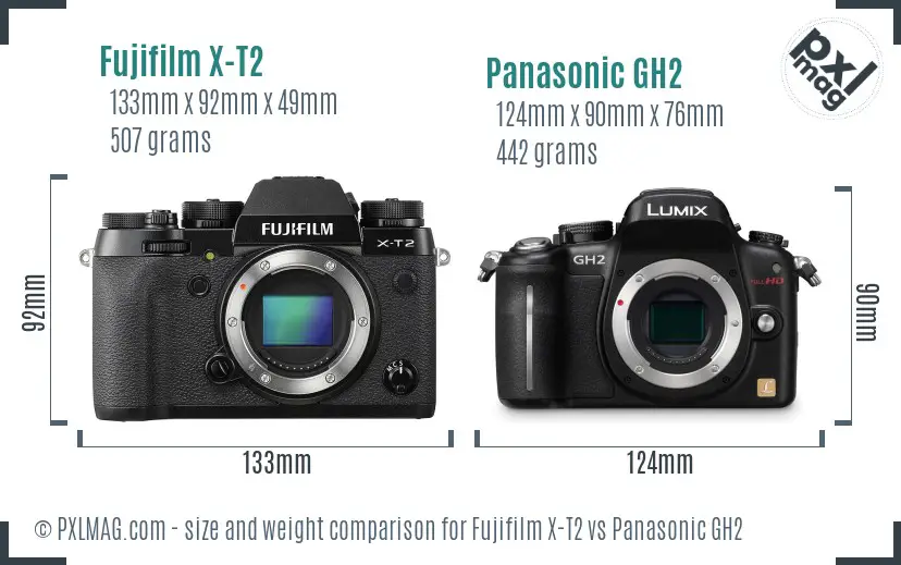 Fujifilm X-T2 vs Panasonic GH2 size comparison