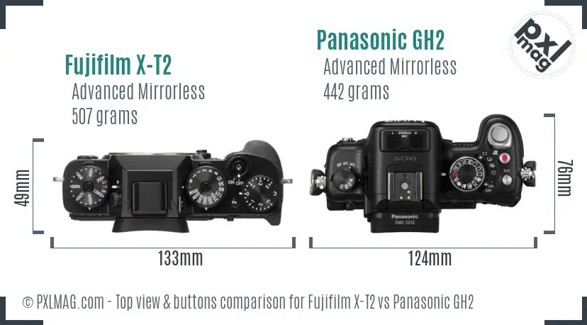Fujifilm X-T2 vs Panasonic GH2 top view buttons comparison