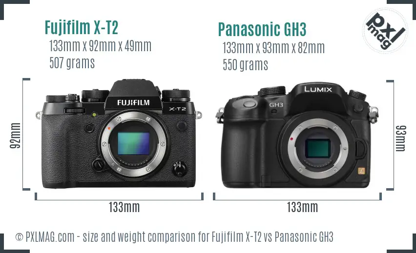 Fujifilm X-T2 vs Panasonic GH3 size comparison