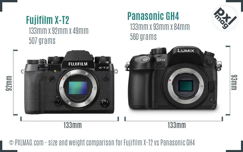 Fujifilm X-T2 vs Panasonic GH4 size comparison