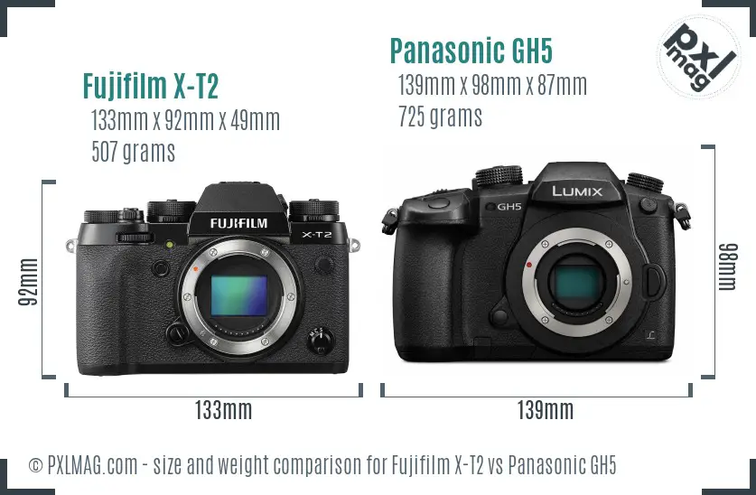 Fujifilm X-T2 vs Panasonic GH5 size comparison