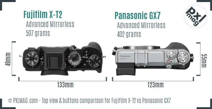 Fujifilm X-T2 vs Panasonic GX7 top view buttons comparison