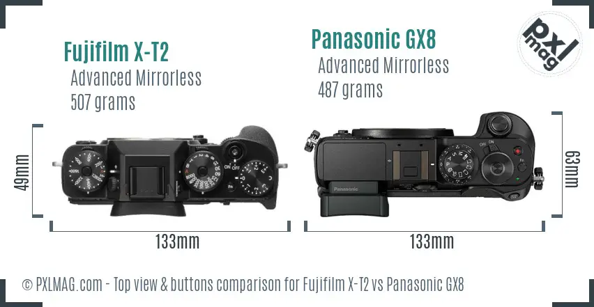 Fujifilm X-T2 vs Panasonic GX8 top view buttons comparison