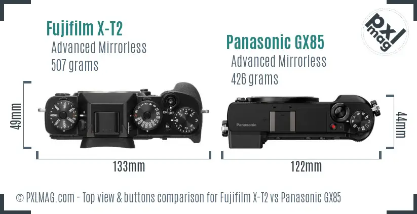 Fujifilm X-T2 vs Panasonic GX85 top view buttons comparison