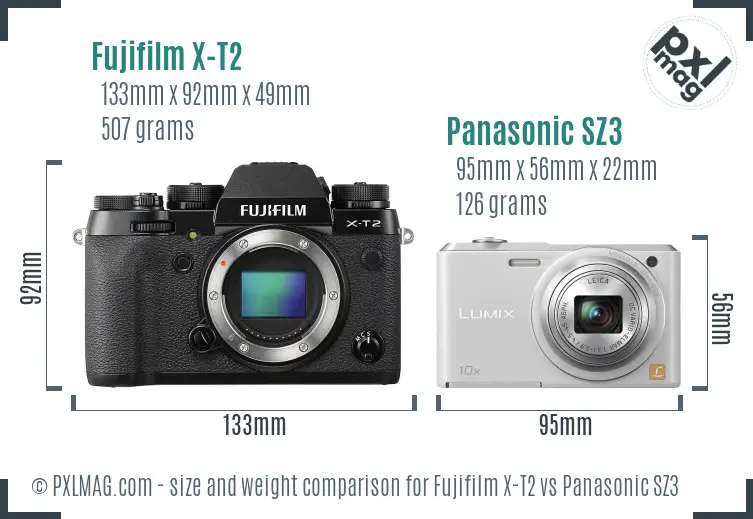 Fujifilm X-T2 vs Panasonic SZ3 size comparison
