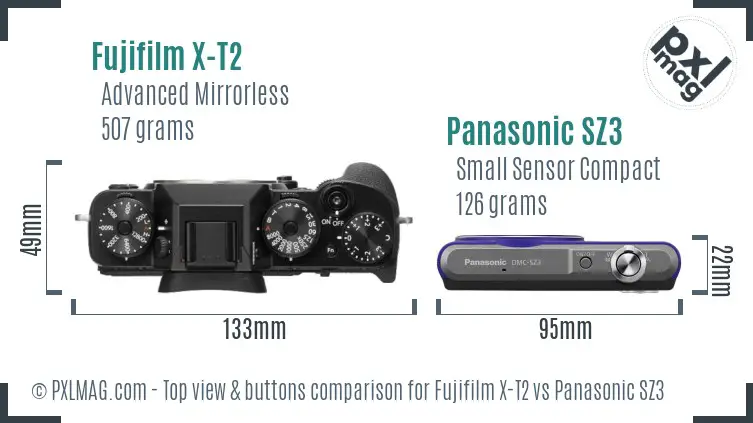 Fujifilm X-T2 vs Panasonic SZ3 top view buttons comparison