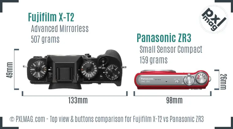 Fujifilm X-T2 vs Panasonic ZR3 top view buttons comparison