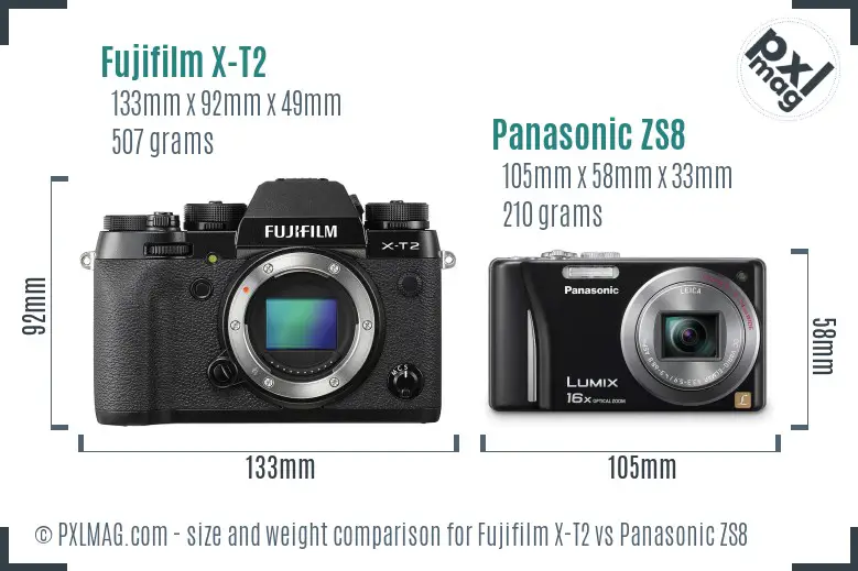 Fujifilm X-T2 vs Panasonic ZS8 size comparison