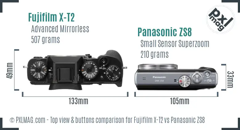 Fujifilm X-T2 vs Panasonic ZS8 top view buttons comparison