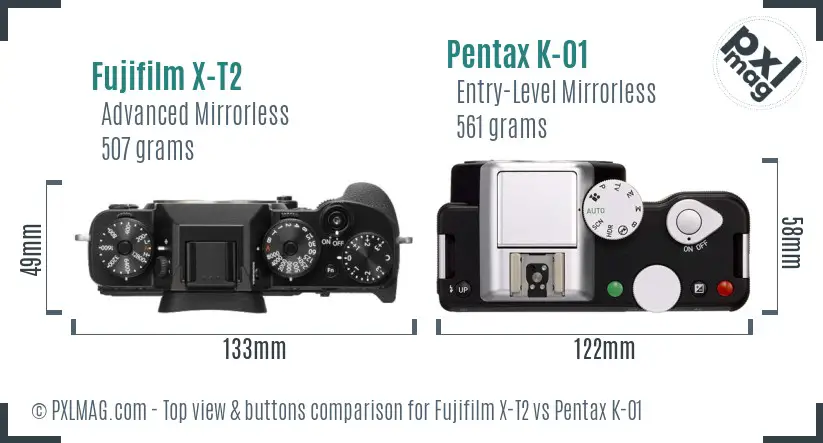 Fujifilm X-T2 vs Pentax K-01 top view buttons comparison