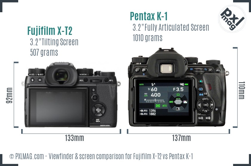 Fujifilm X-T2 vs Pentax K-1 Screen and Viewfinder comparison