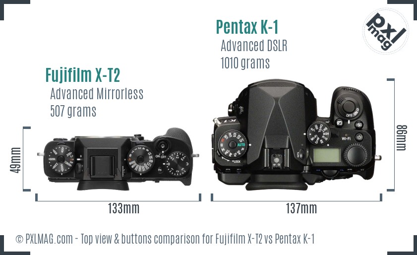 Fujifilm X-T2 vs Pentax K-1 top view buttons comparison