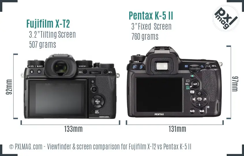 Fujifilm X-T2 vs Pentax K-5 II Screen and Viewfinder comparison
