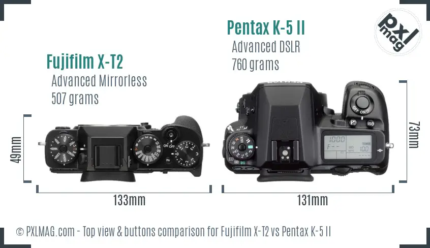 Fujifilm X-T2 vs Pentax K-5 II top view buttons comparison